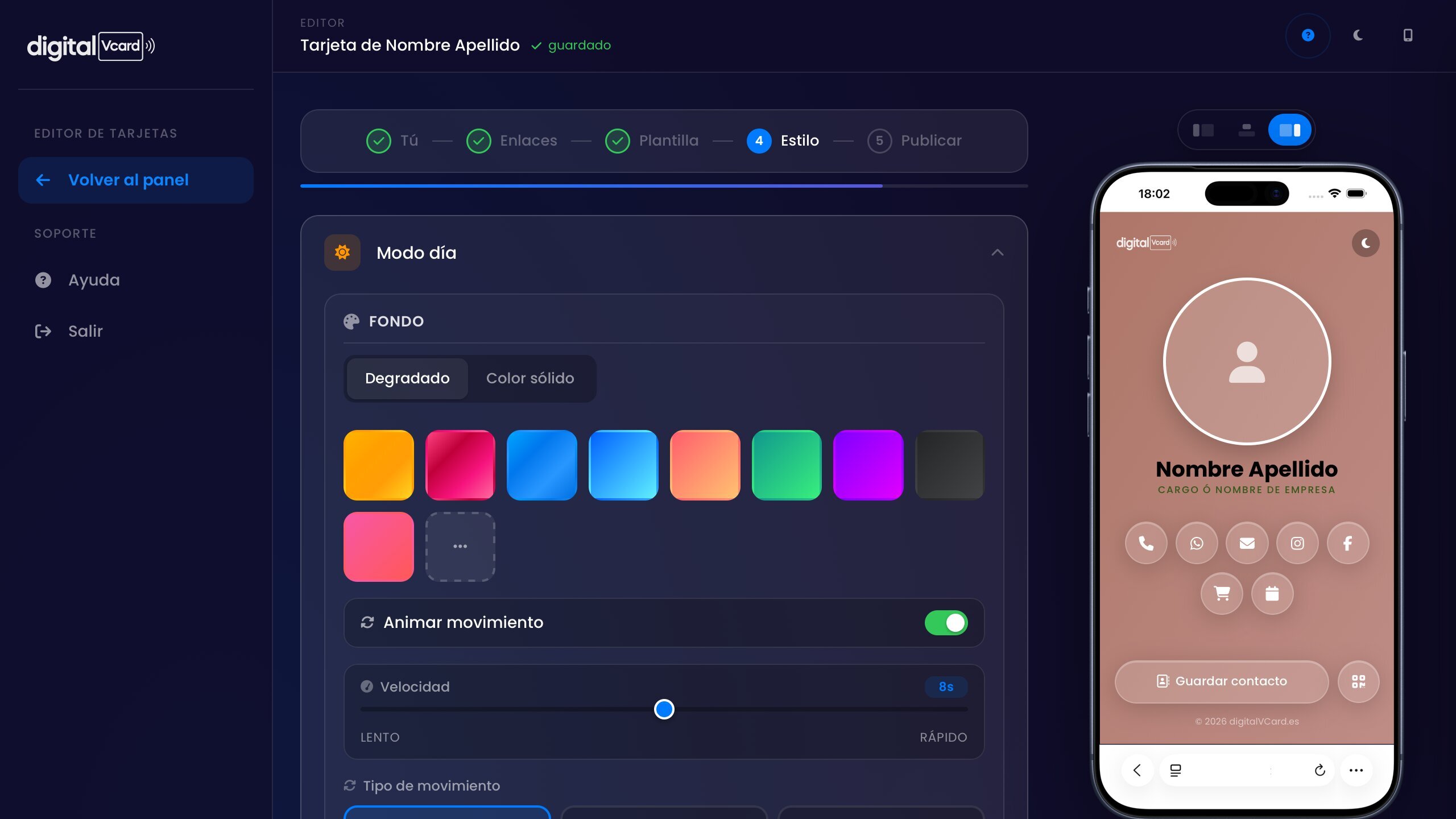 Editor de digitalVCard mostrando la sección de estilo y vista previa en tiempo real