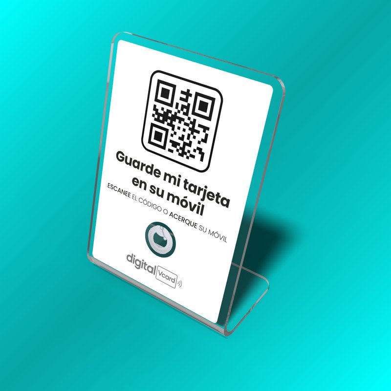 Expositor acrílico de sobremesa con placa QR y NFC de digitalVCard