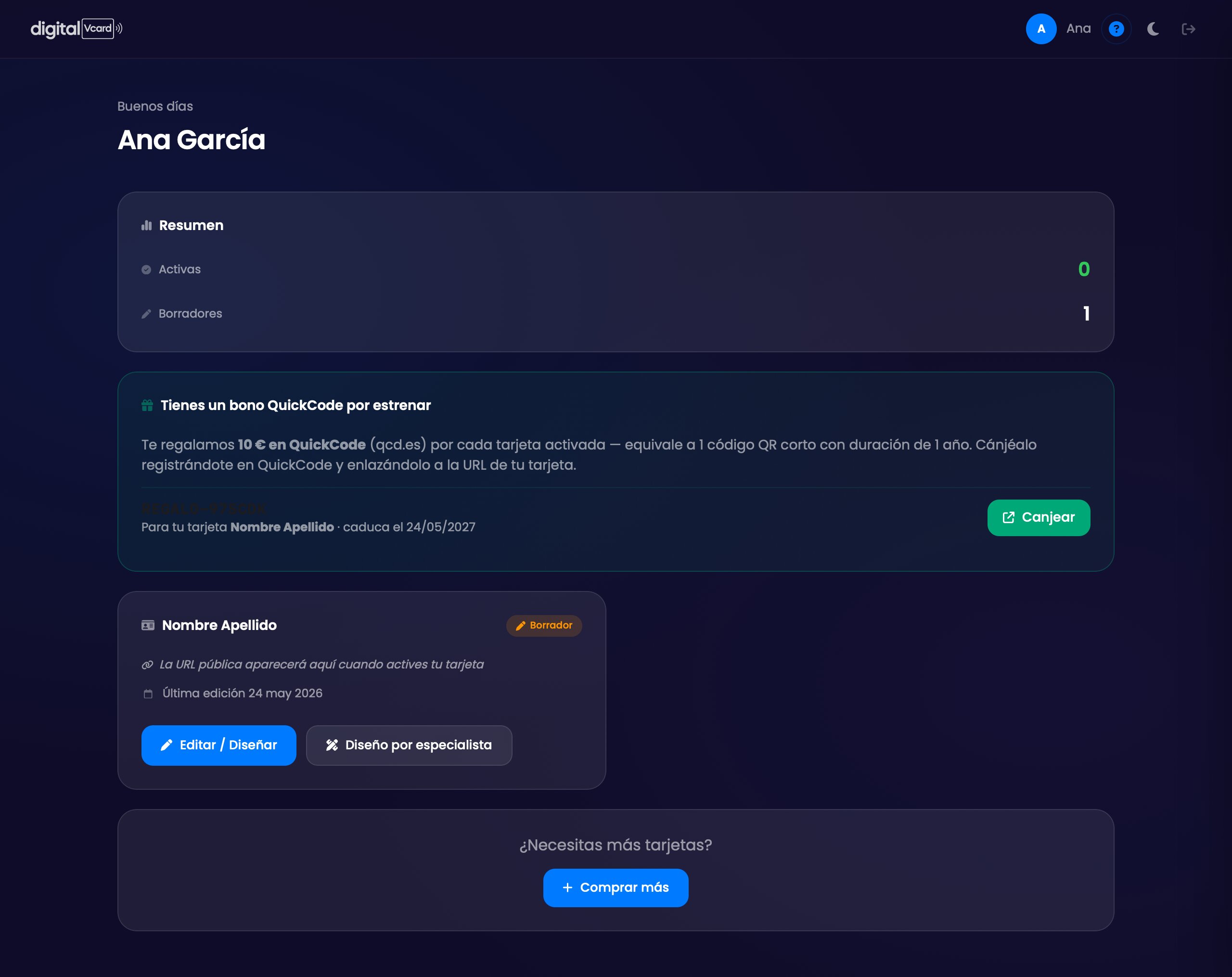 Panel de digitalVCard al entrar tras comprar