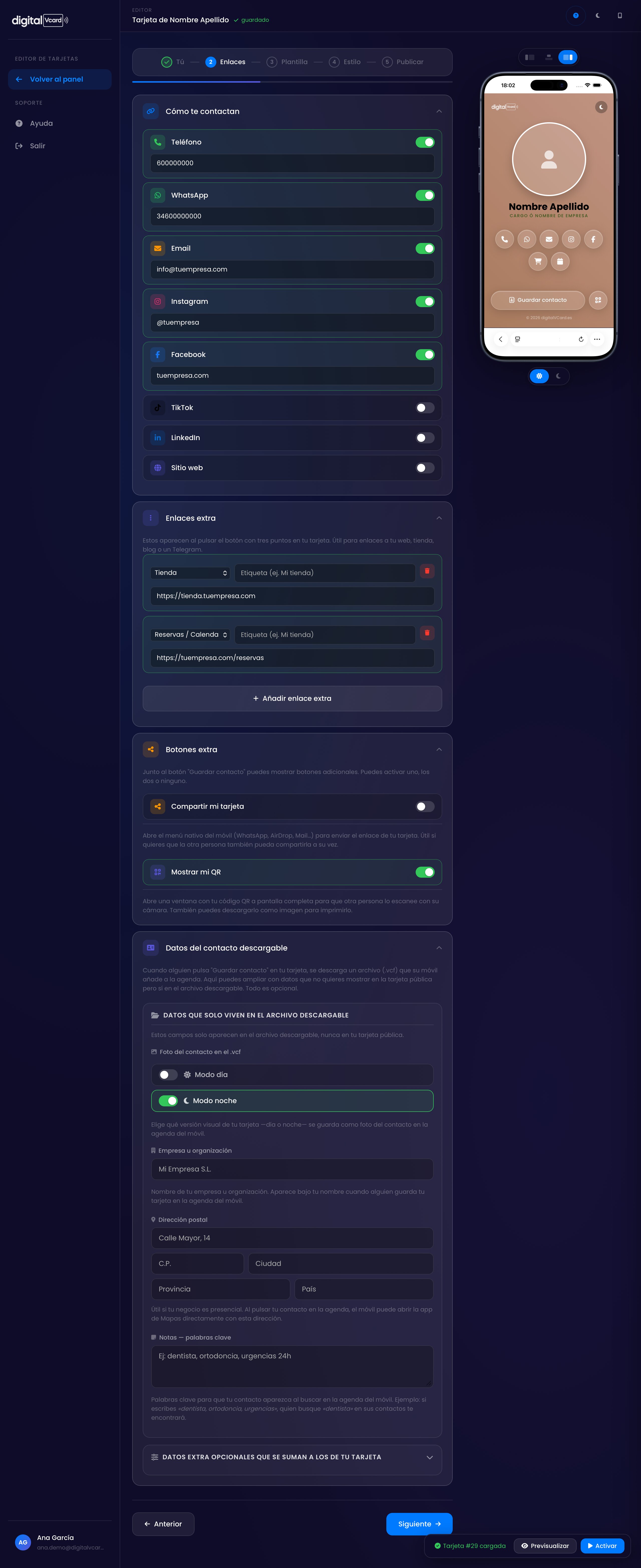 Editor paso 2 — enlaces, redes y datos de contacto