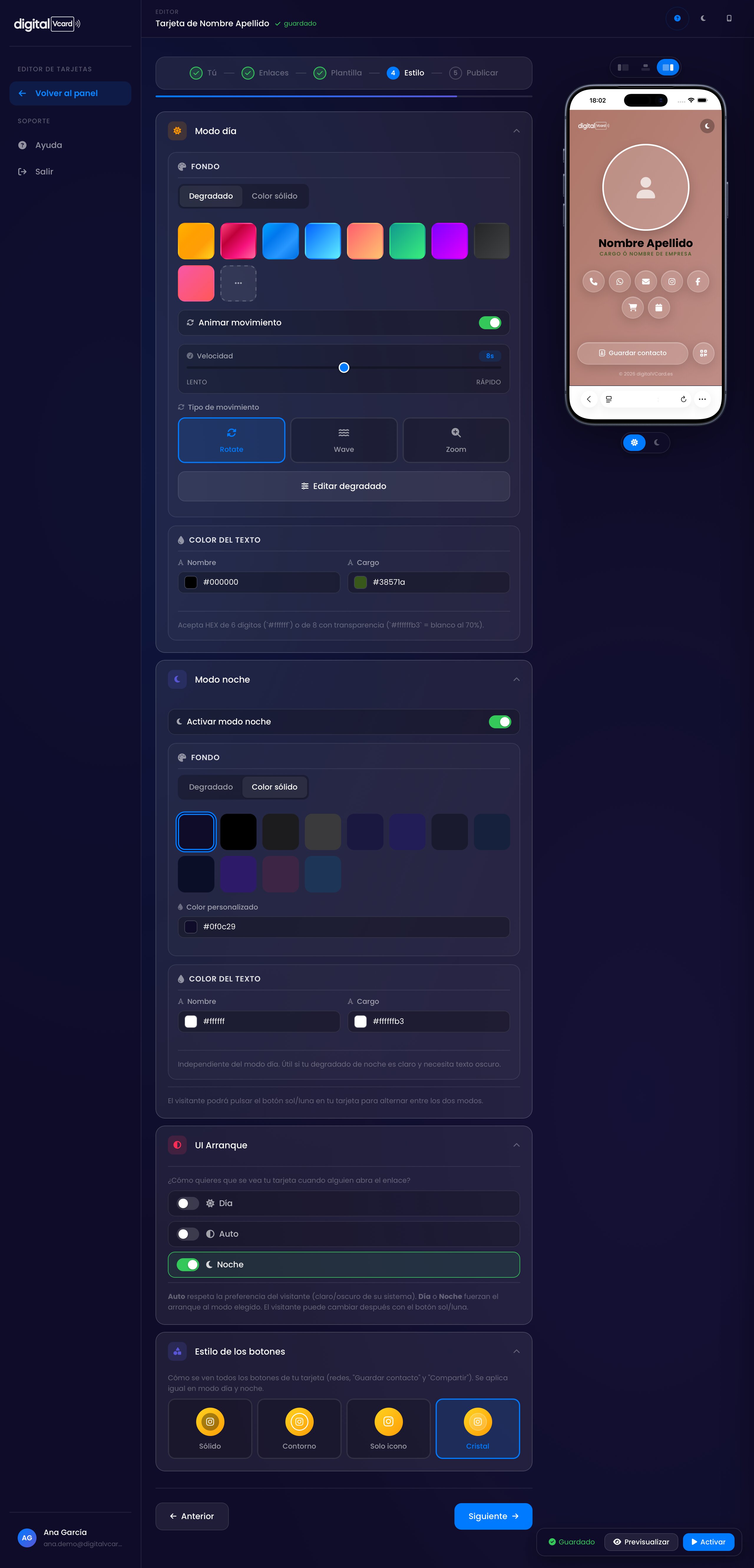 Editor paso 4 — colores y estilo de tu tarjeta