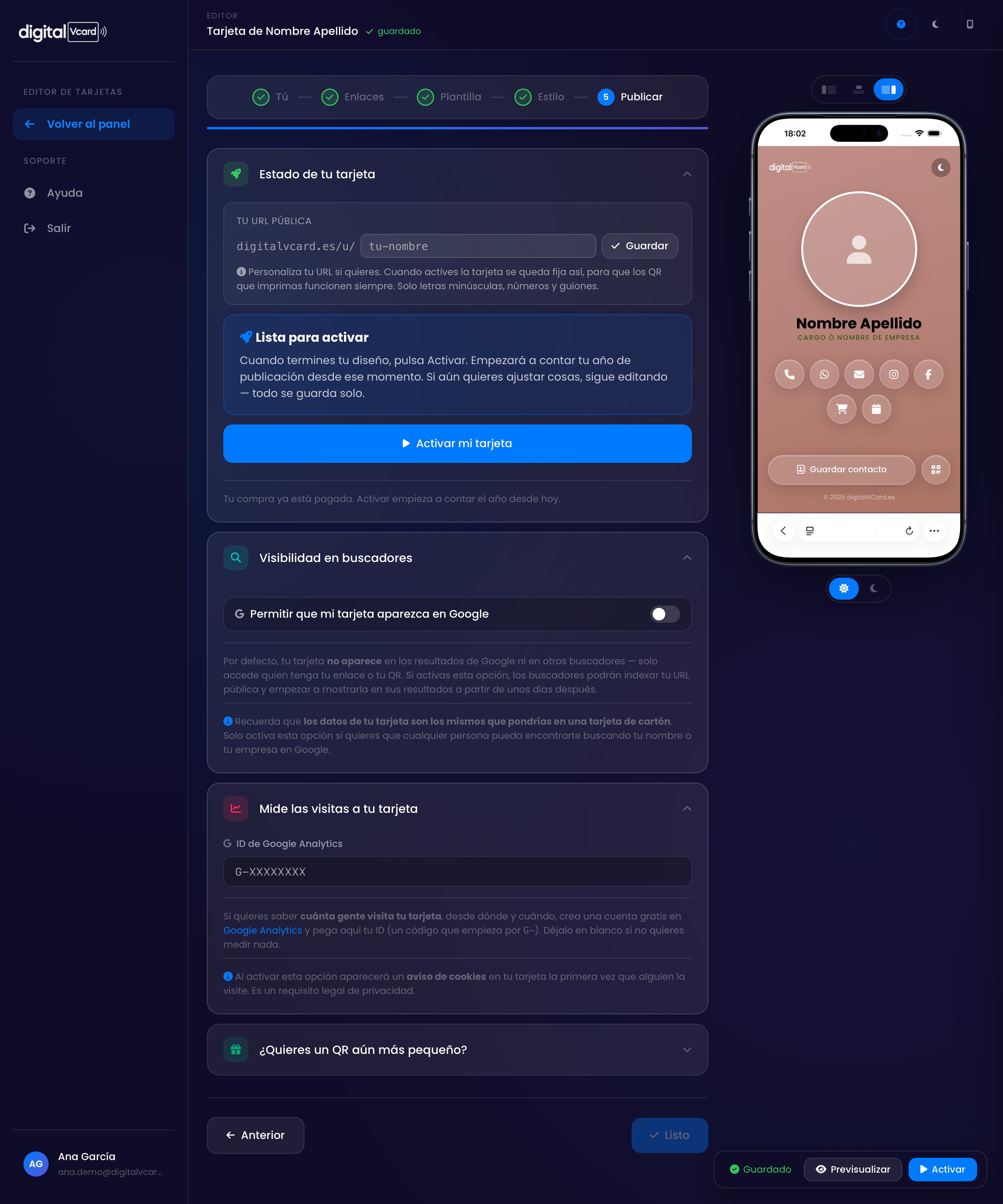 Editor paso 5 — publicar tu tarjeta