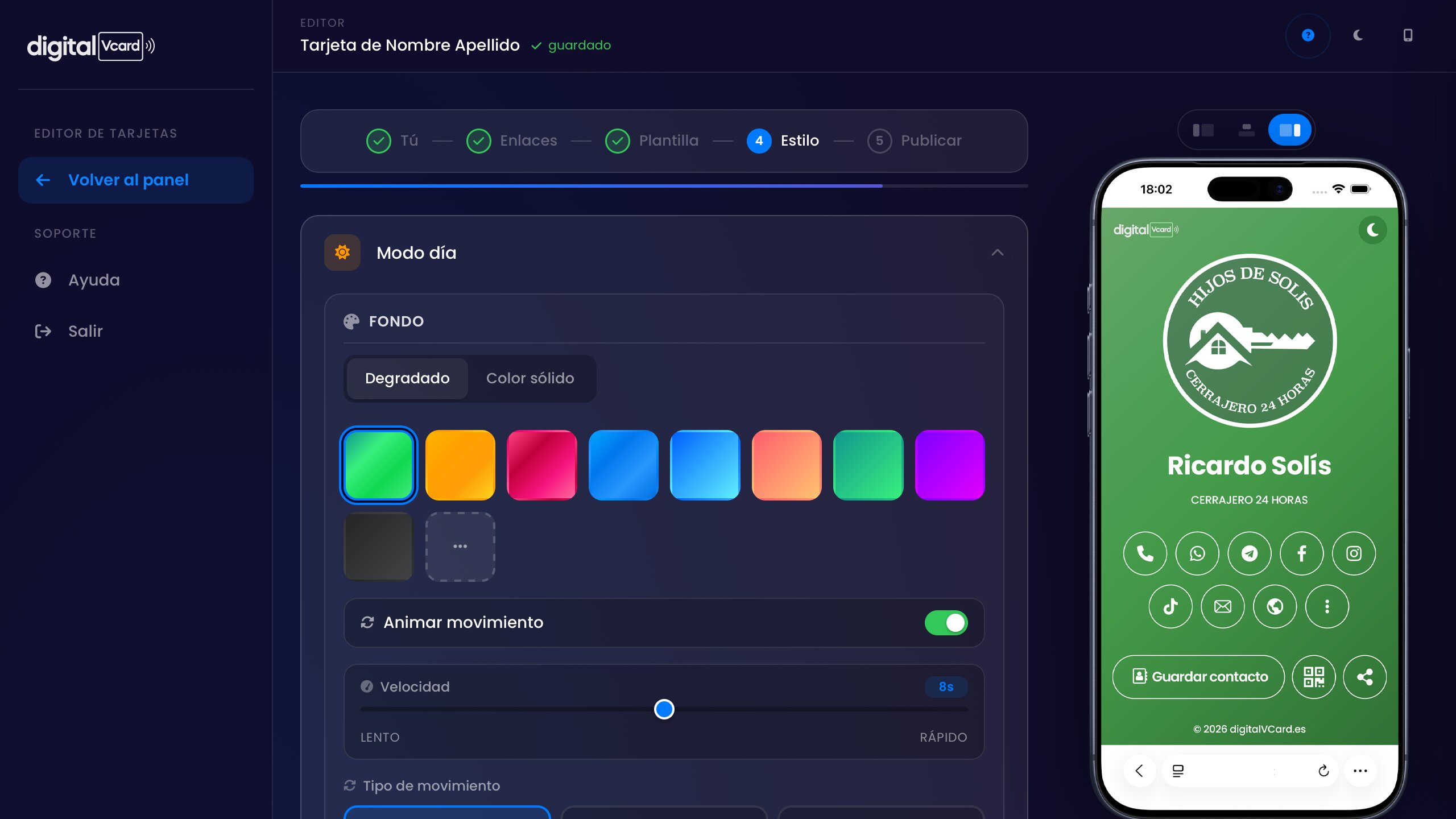 Editor de digitalVCard con la tarjeta de Ricardo Solís en preview